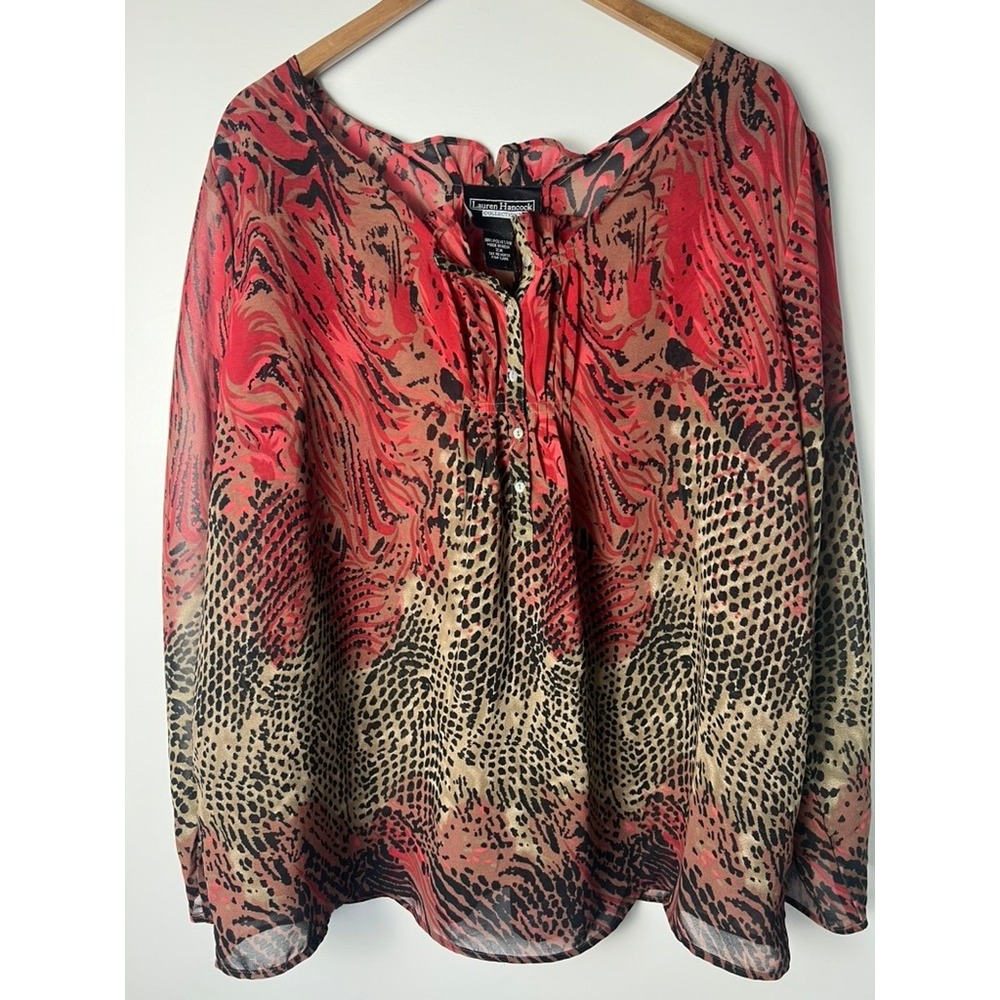 Lauren Hancock Collection 2X Red Tan Animal Print Sheer‎ Button Blouse Eclectic